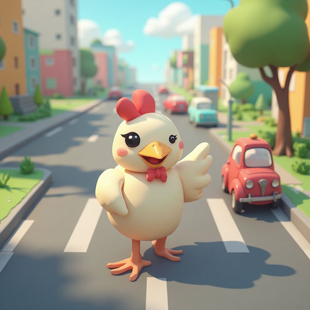 Chicken crossing a busy road in voxel art style